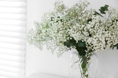 Beyaz duvarın yakınındaki vazoda güzel çigila çiçekleri ve okaliptüs dallarından oluşan bir buket.