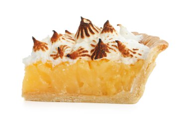 Kahverengi kremalı, beyaz üzerine izole edilmiş bir parça lezzetli turta.