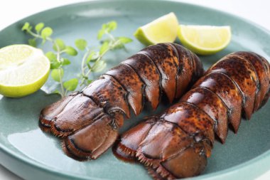 Çiğ ıstakoz kuyruğu, limon ve mikro yeşiller tabakta, yakın plan.