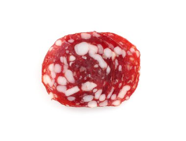 Slices of tasty smoked sausage on white background, top view