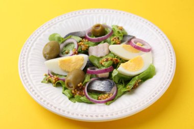 Ringa balığı, yumurta, hardal ve sebzeli nefis salata, yakın plan.