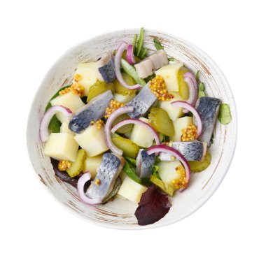 Ringa balıklı, sebzeli ve hardallı nefis salata.