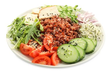 Lezzetli salata ve beyaz pirinç.