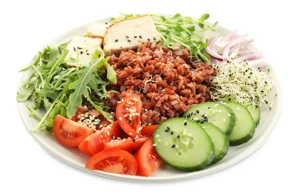 Lezzetli salata ve beyaz pirinç.