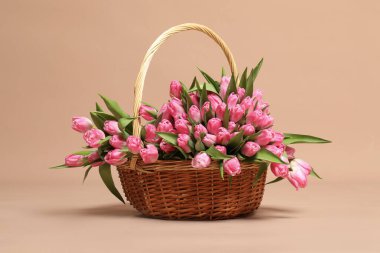 Hasır sepette bej arka planda güzel laleler.