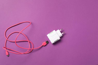 USB güç adaptörü ve mor arka planda şarj kablosu, düz konum. Metin için boşluk