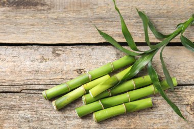 Tahta masa üzerinde bambu sapları ve yapraklar kes, düz uzan. Metin için boşluk
