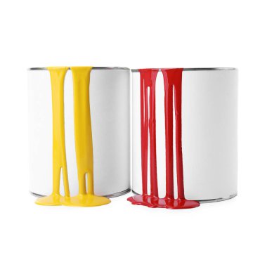 Cans with yellow and red paint isolated on white