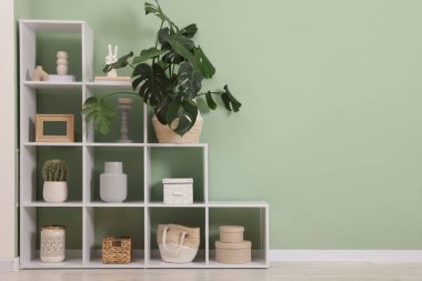 Salon içinde zeytin duvarının yanında dekorlu raf ünitesi. Metin için boşluk