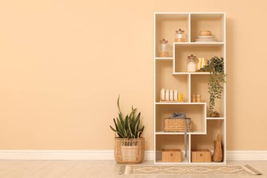 Shelving unit with dishware, jars of different products and other stuff near beige wall indoors, space for text