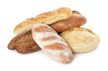 Farklı somunlar, taze pişmiş ekmek, beyaz üzerine izole edilmiş.