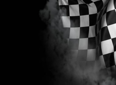 Siyah beyaz dama işaretleri ile yarış bayrağı koyu arkaplanda, metin için boşluk