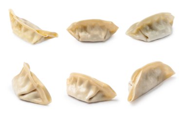Beyaz arkaplanda pişirilmemiş gyoza seti