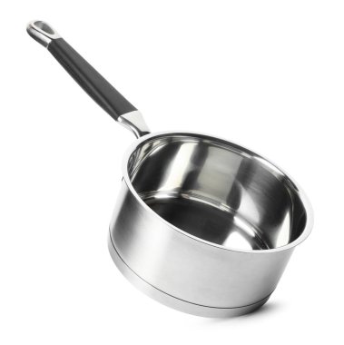 Boş modern çelik tencere beyaza izole edilmiş.