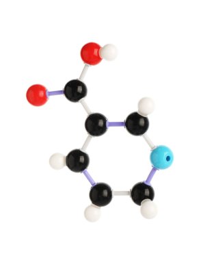 Beyaz üzerinde izole edilmiş niasin molekülü (B3 vitamini). Kimyasal model