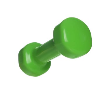 Beyaza izole edilmiş yeşil bir dambıl. Spor malzemeleri.