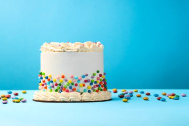 Açık mavi masaya renkli şekerlemeler serpiştirilmiş nefis bento keki, metin için yer.