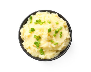 Lezzetli patates püresi, yeşil soğanlı, beyaz tenli, üst manzaralı.