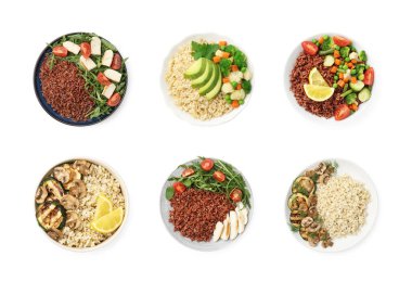 Lezzetli kahverengi pirinç beyaz üzerine izole edilmiş, set. Üst görünüm