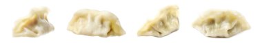 Beyaz arka planda kaynamış gyoza (hamur tatlısı), set