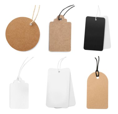 Beyaz arka planda bir sürü boş etiket, kolaj. Tasarım için model