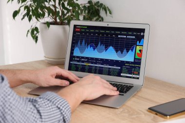 Borsa. Bilgisayardaki finansal piyasayı analiz eden adam, kapalı alanda, yakın planda.