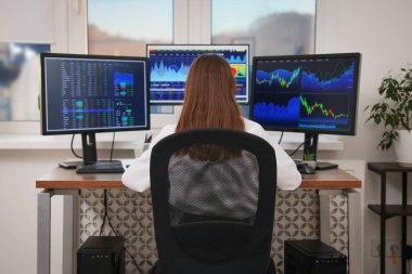 Borsa. Ofiste masa başında çalışan bir kadın.