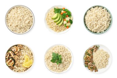 Lezzetli kahverengi pirinç beyaz üzerine izole edilmiş, set. Üst görünüm