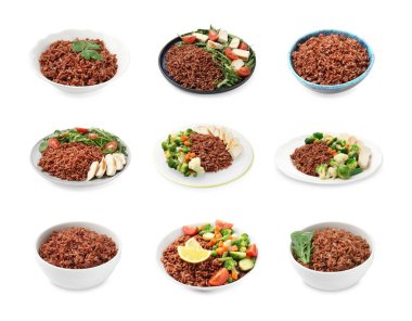 Lezzetli kahverengi pirinç, beyaz üzerine izole edilmiş.