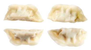 Beyaz arka planda kaynamış gyoza (hamur tatlısı), set