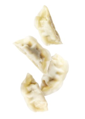 Beyaz arka plan üzerine düşen lezzetli haşlanmış gyoza (hamur tatlısı)