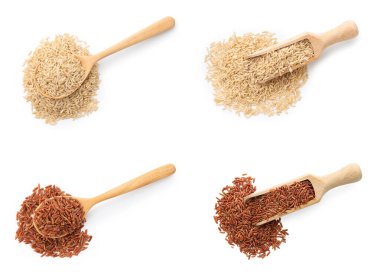 Beyaz arka planda farklı tipte kahverengi pirinç, kolaj. Üst görünüm