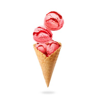 Dondurma kepçeleri ve beyaz arka planda havada waffle külahı