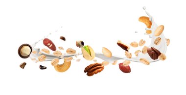 Yulaf gevreği, fındık ve beyaz arka planda havaya süt sıçratma. Pankart tasarımı