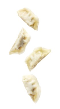 Beyaz arka plan üzerine düşen lezzetli haşlanmış gyoza (hamur tatlısı)