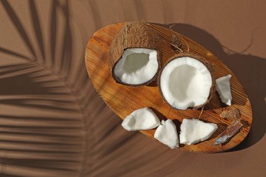 Taze hindistancevizi ve gölgesi bej arka planda tropikal palmiye tarafından yapılmış, üst görünüm. Metin için boşluk