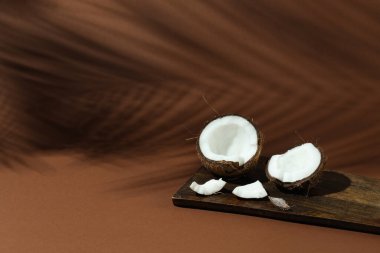 Taze hindistan cevizi ve açık kahverengi arka planda tropikal palmiye tarafından dökülen gölge. Metin için boşluk