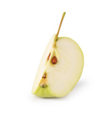 Olgun yeşil elma parçası beyaza izole edilmiş.