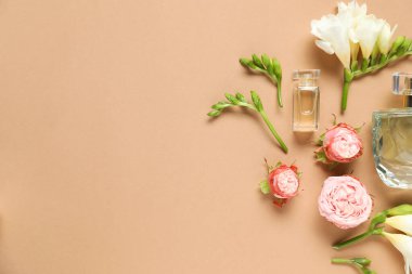 Düz kompozisyonda aromatik parfüm şişeleri ve bej arka planda güzel çiçekler vardı. Metin için boşluk