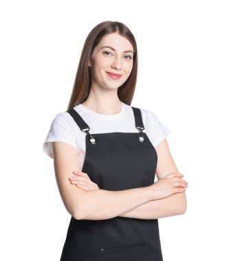 Beyaz arka planda önlüklü baristanın portresi