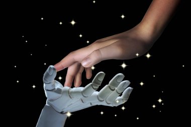 Yapay zeka. Kadın ve robot elleri siyah arkaplanda birbirine uzanıyor.