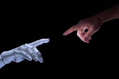 Yapay zeka. İnsan ve robot elleri siyah arkaplanda birbirine uzanıyor.