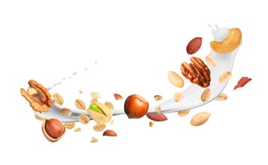 Yulaf gevreği, fındık ve beyaz arka planda havaya süt sıçratma. Pankart tasarımı