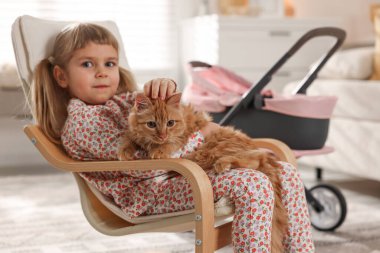 Evdeki koltukta oturan kızıl kedisi olan tatlı küçük kız.