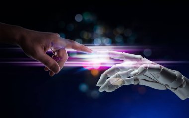 Yapay zeka. İnsan ve robot parmaklarını birbirine değdiriyor.