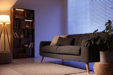 Rahat kanepesi ve ahşap raf ünitesi olan şık bir oturma odası. İç tasarım