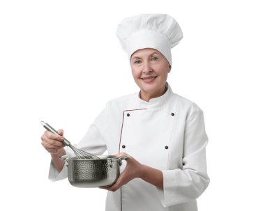 Beyaz arka planda yemek pişiren profesyonel pasta şefi.