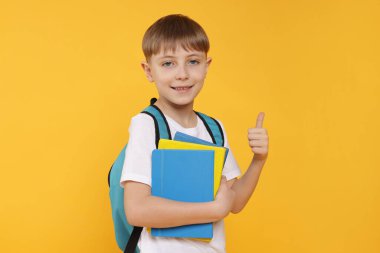 Sırt çantalı yakışıklı okul çocuğu turuncu arka planda baş parmak gösteriyor.