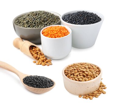 Beyaza izole edilmiş farklı türde mercimek.