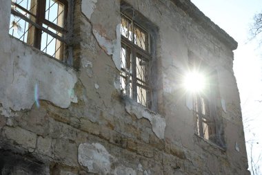 Exterior of ruined house after strong earthquake, low angle view